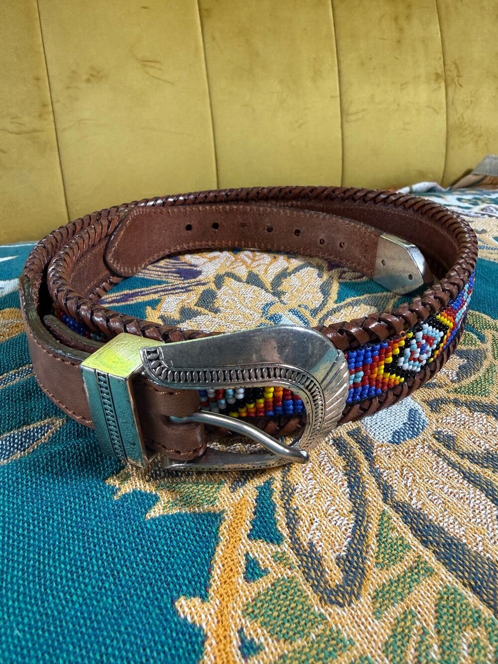 Vintage 90s Aztec southwestern beaded leather belt intricate silver buckle 30